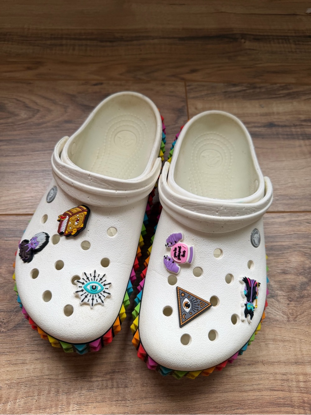 CROCS Woman’s White Clogs with Rainbow Studded Trim